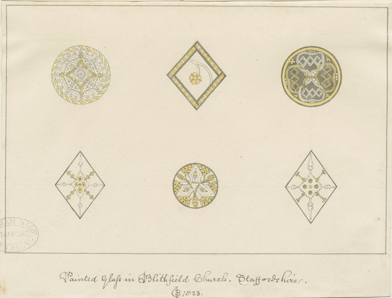 Blithfield Church - malt glass: blyanttegninger, 1823 av John Buckler