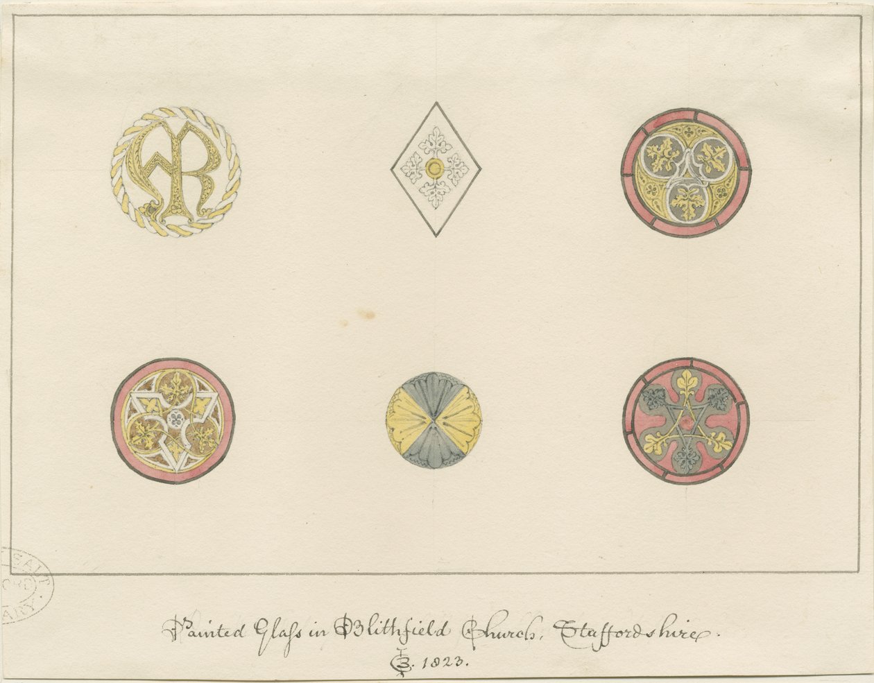 Blithfield Church - malt glass: blyanttegninger, 1823 av John Buckler