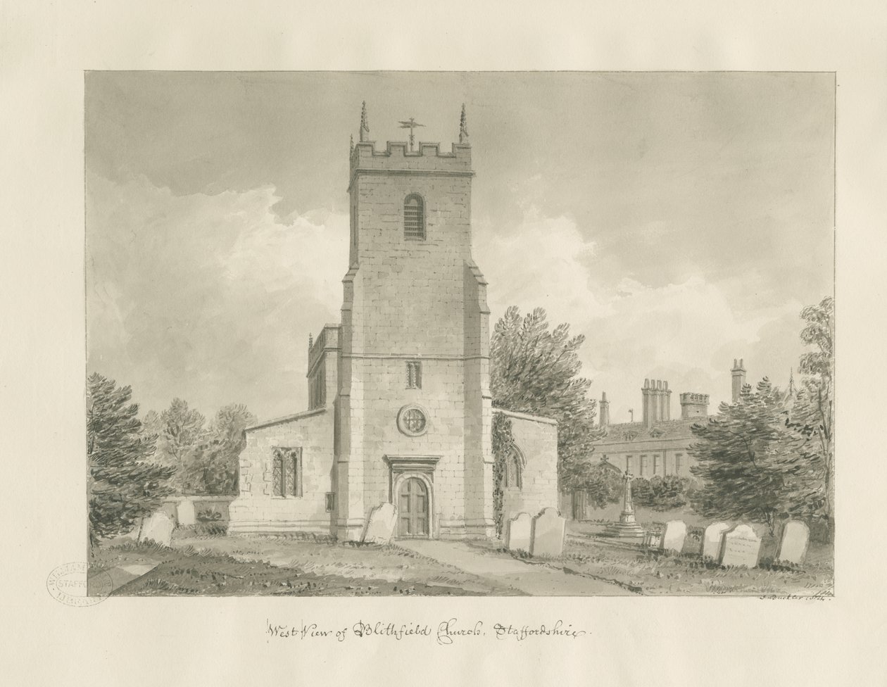 Blithfield Church: sepia-tegning av John Buckler