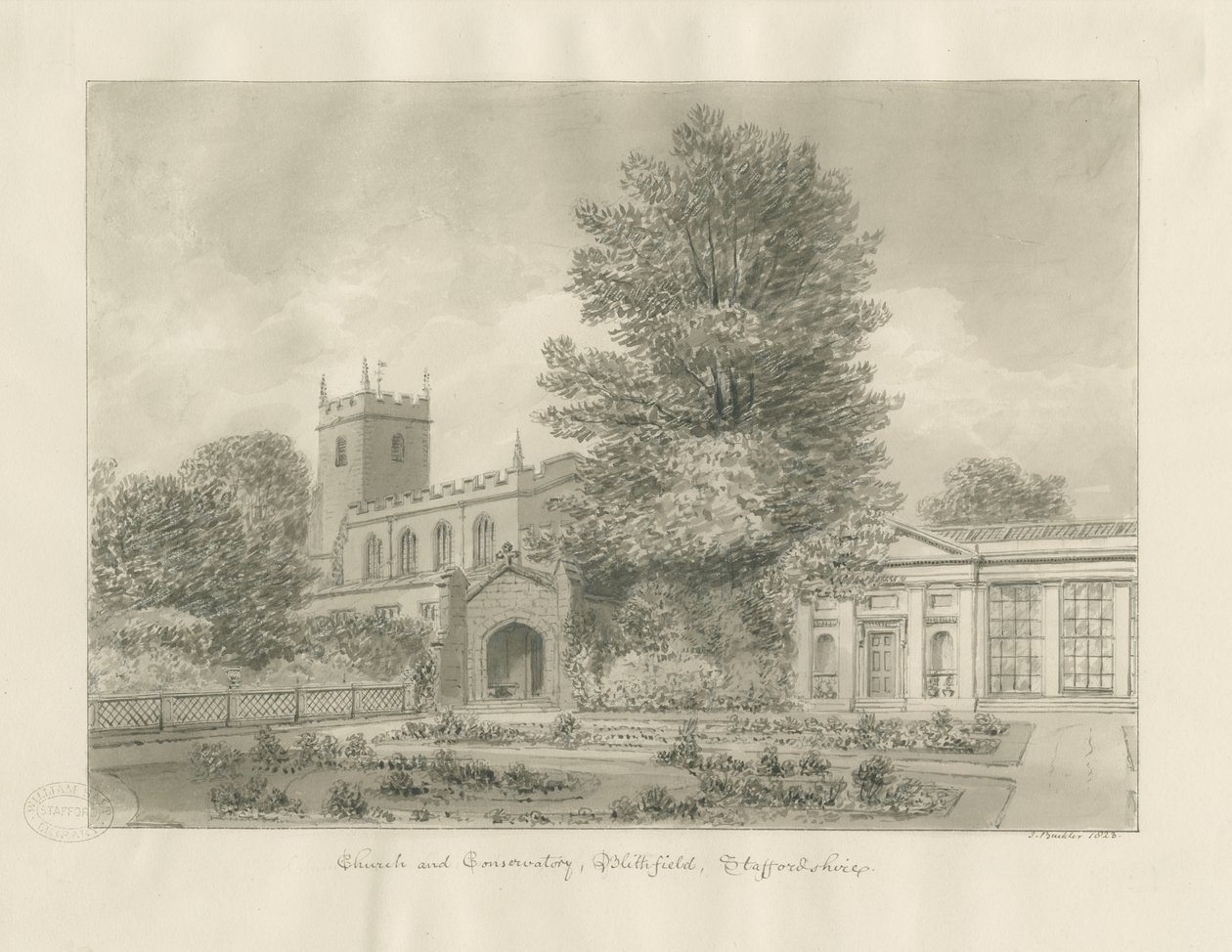 Blithfield Church: sepia-tegning av John Buckler