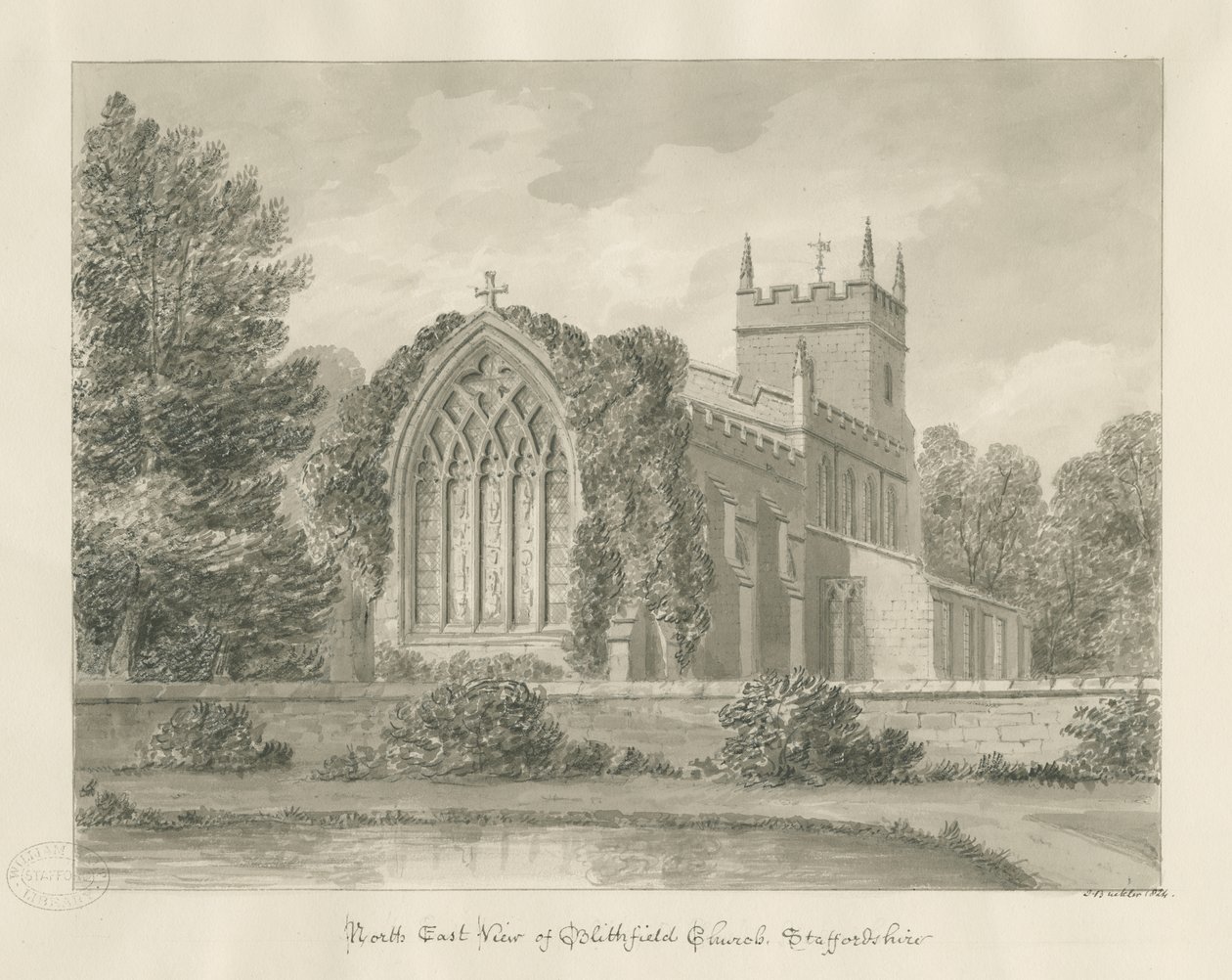Blithfield Church: sepia-tegning av John Buckler