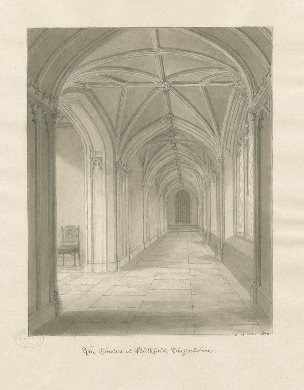 Blithfield Hall - Cloisters: sepia-tegning av John Buckler
