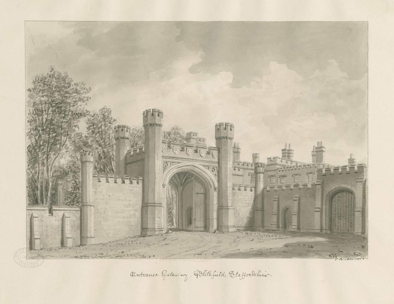 Blithfield Hall: sepia-tegning av John Buckler