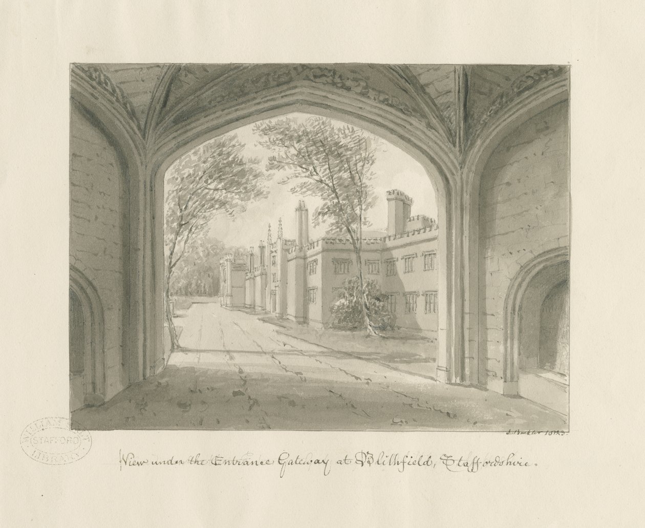 Blithfield Hall: sepia-tegning av John Buckler