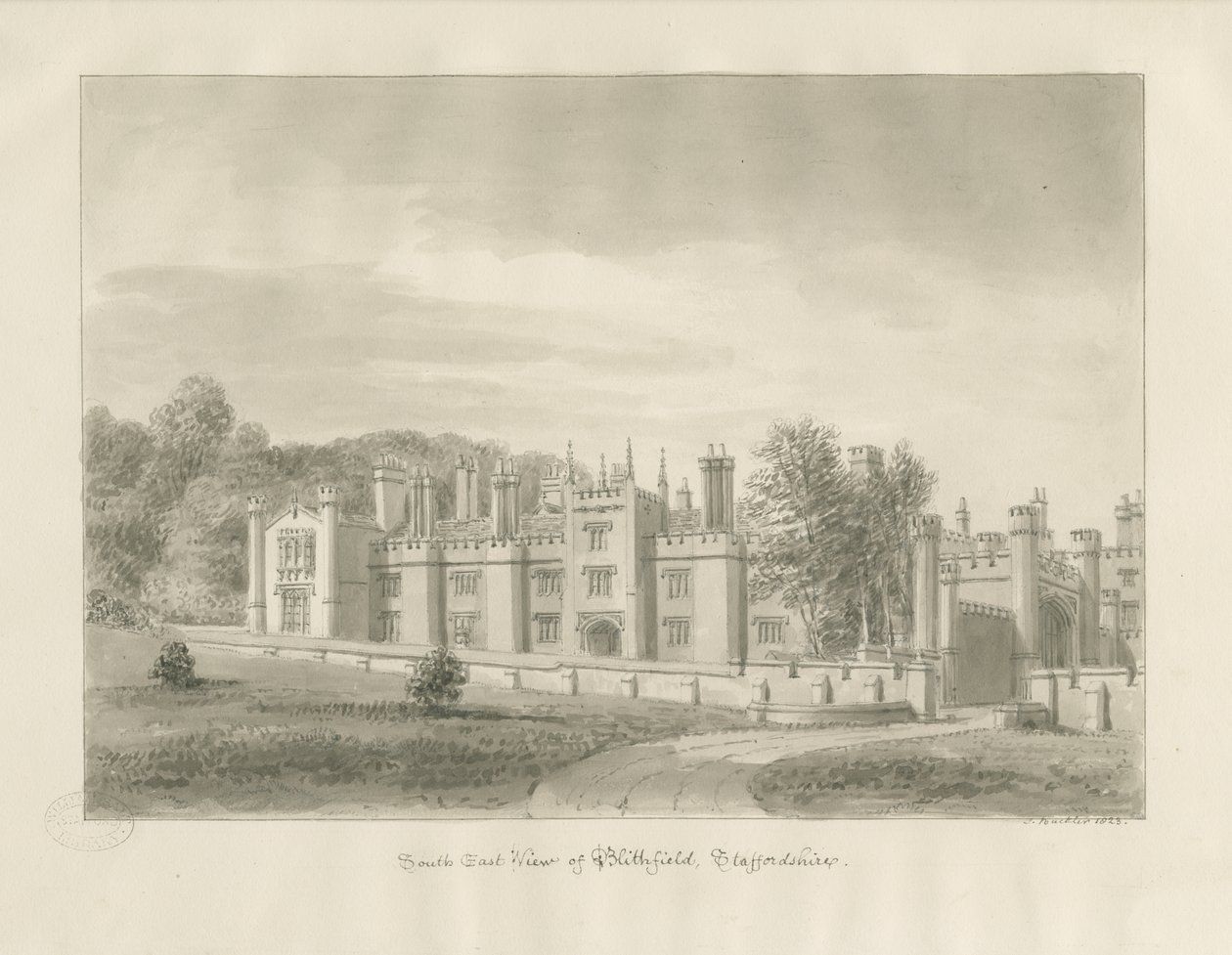 Blithfield Hall: sepia-tegning, 1823 av John Buckler