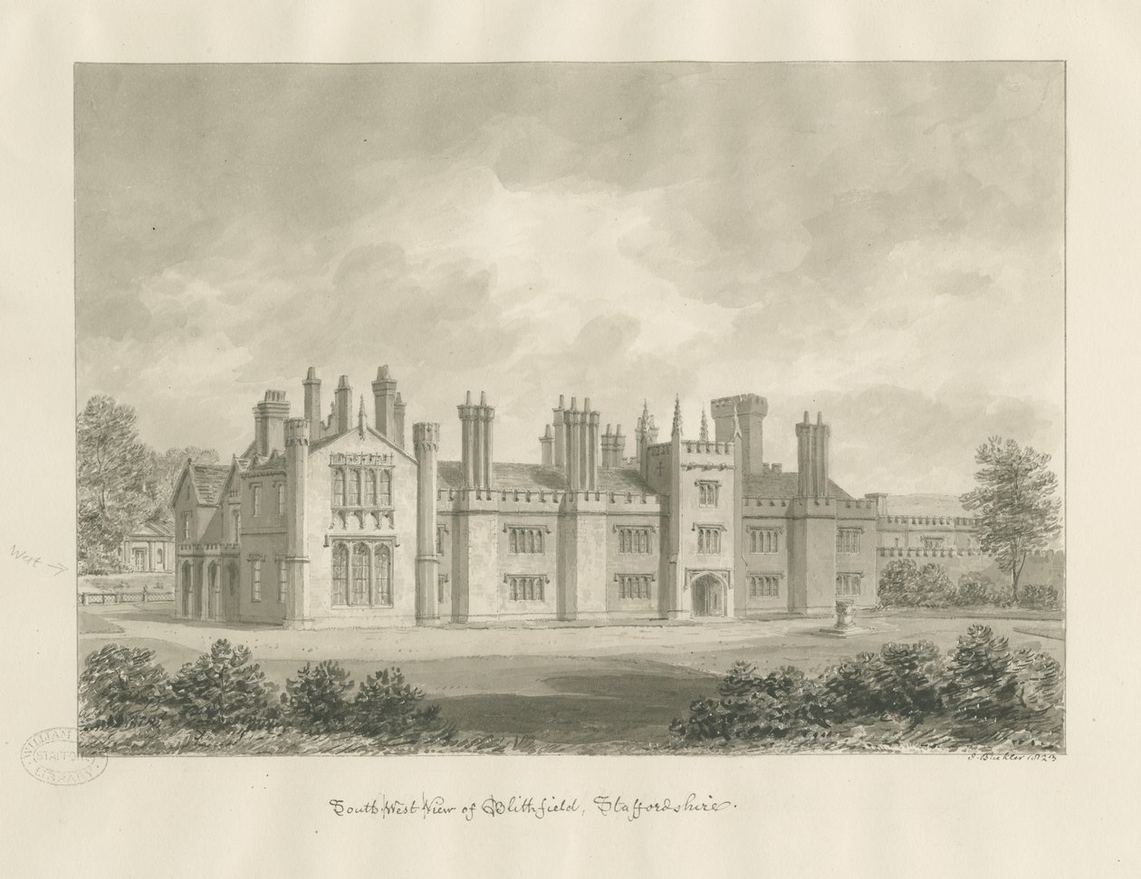 Blithfield Hall: sepia-tegning, 1823 av John Buckler