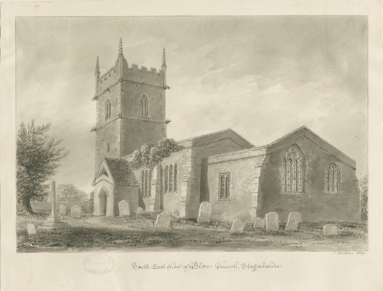 Blore Church: sepia-tegning, 1839 av John Buckler