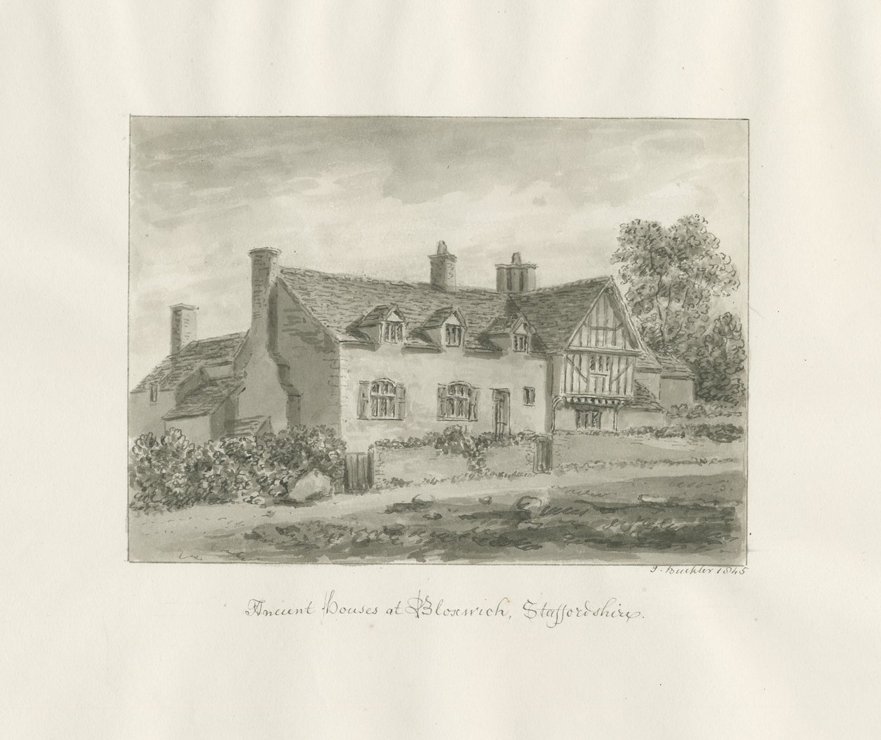 Bloxwich - eldgammelt hus: sepia-tegning av John Buckler