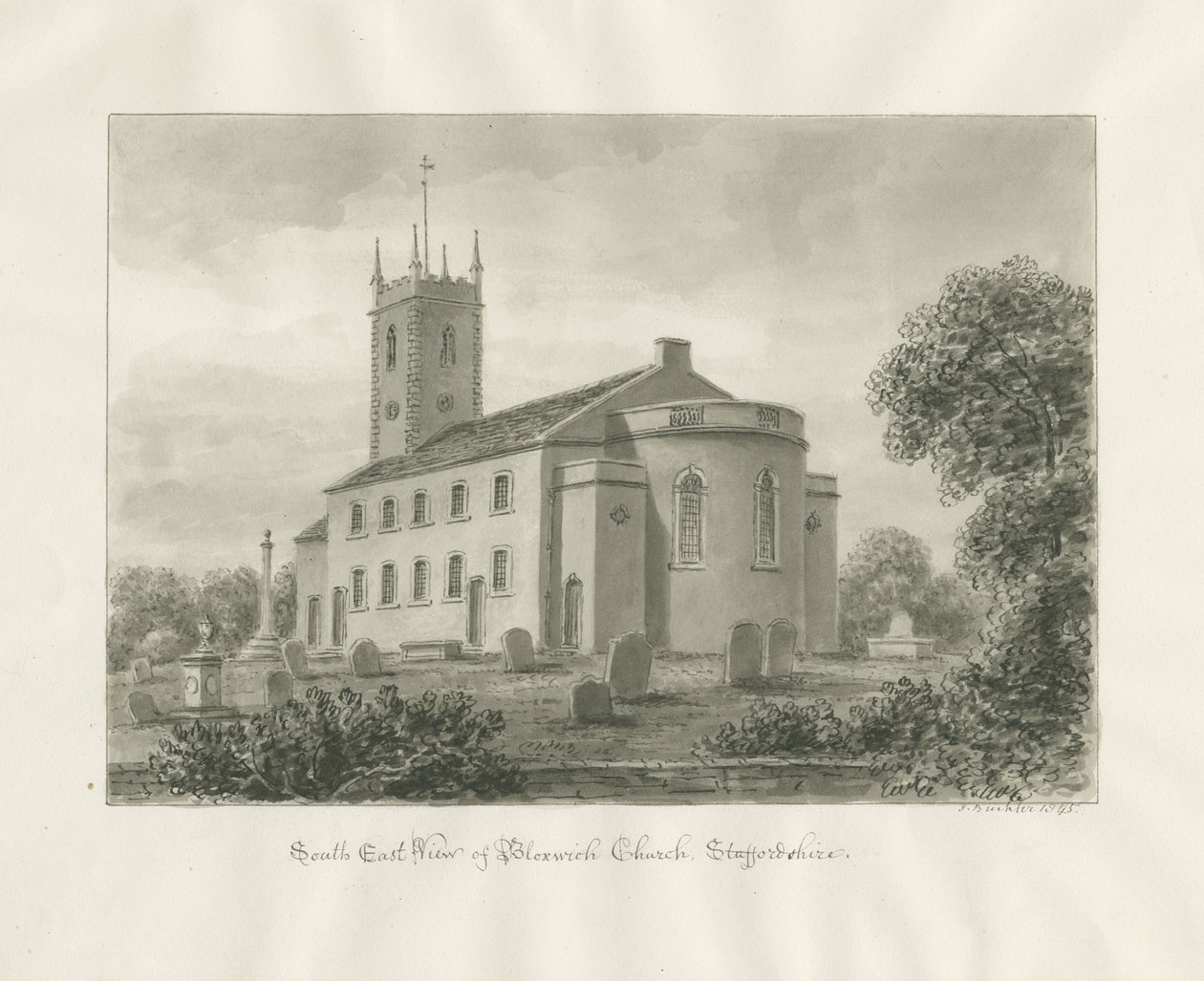 Bloxwich Church: sepia-tegning av John Buckler