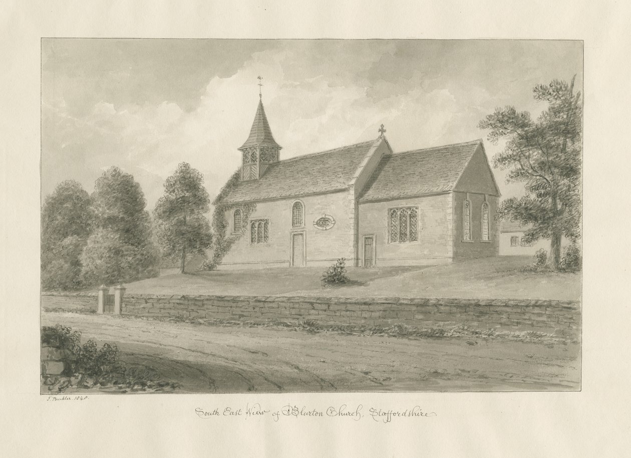 Blurton Church: sepia-tegning, 1848 av John Buckler