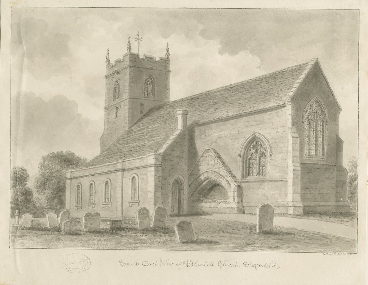 Blymhill kirke: sepia tegning av John Buckler