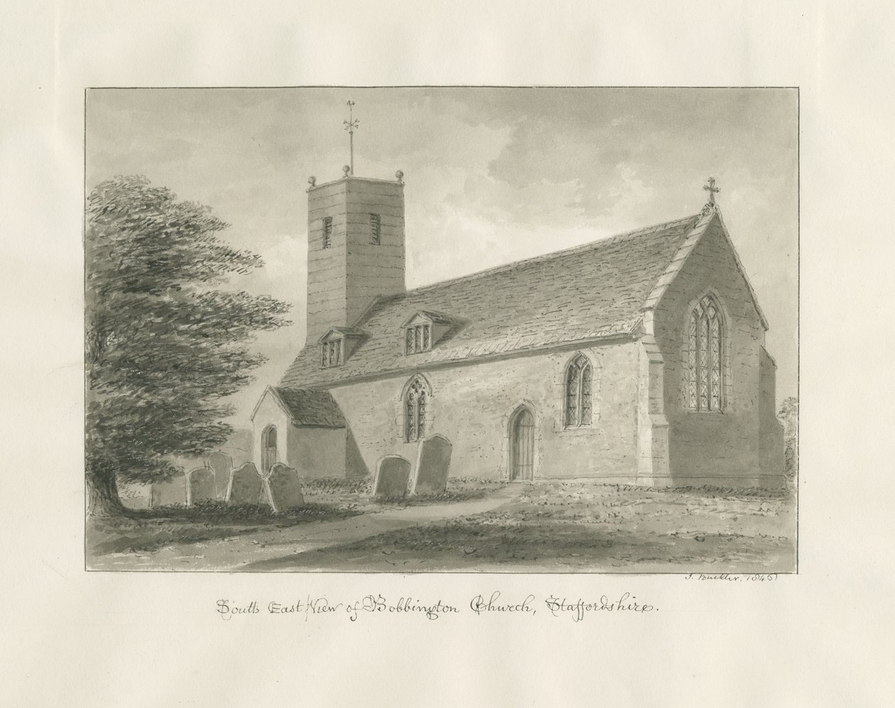 Bobbington Church: sepia-tegning av John Buckler