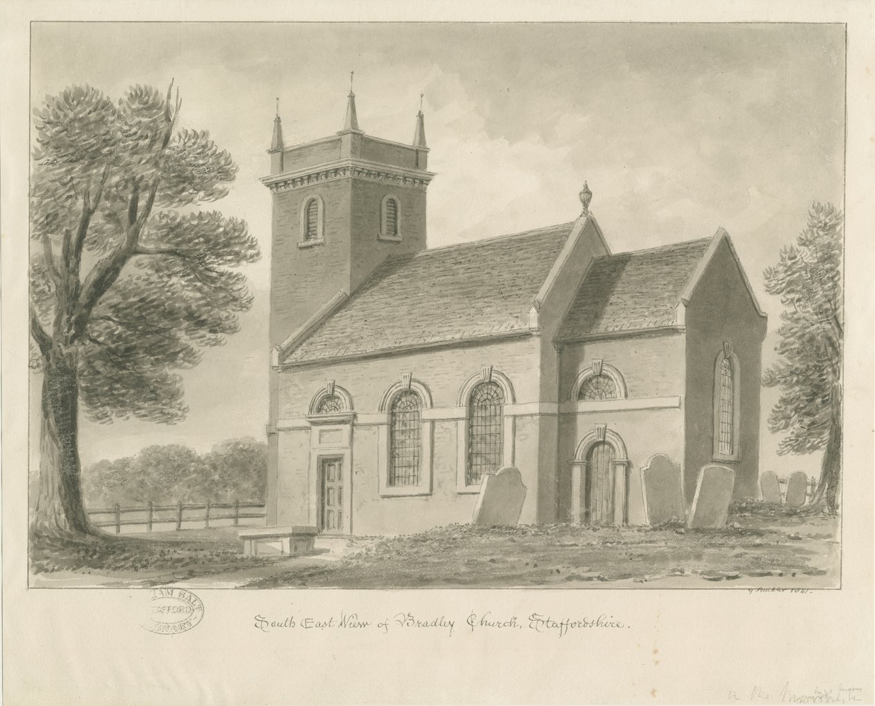 Bradley-in-the-Moors Church: sepia-tegning, 1841 av John Buckler