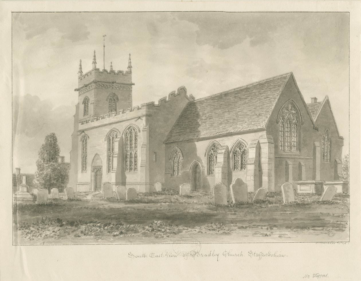 Bradley Church: sepia-tegning, 1842 av John Buckler