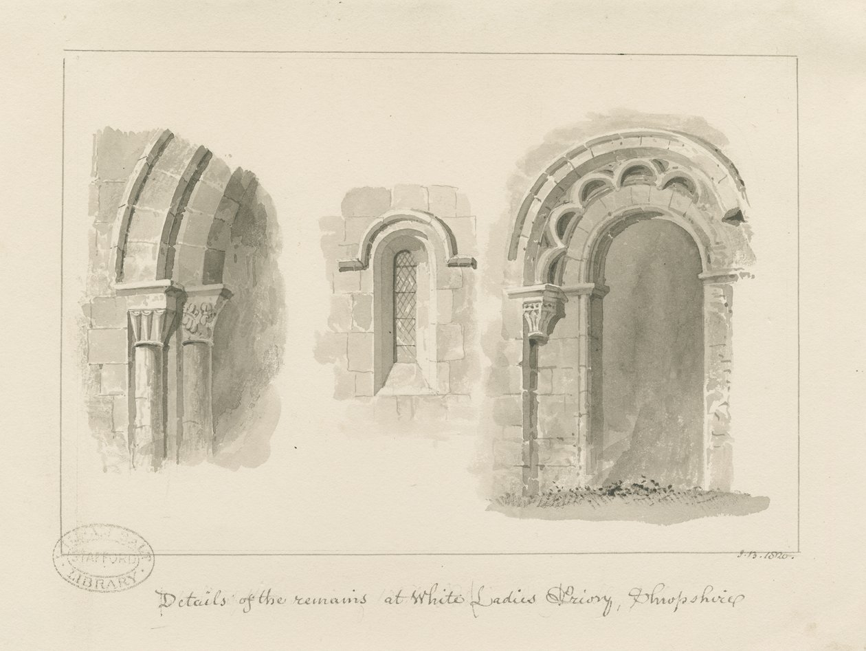 Brewood - Whiteladies Priory (Ruin): sepia-tegning av John Buckler
