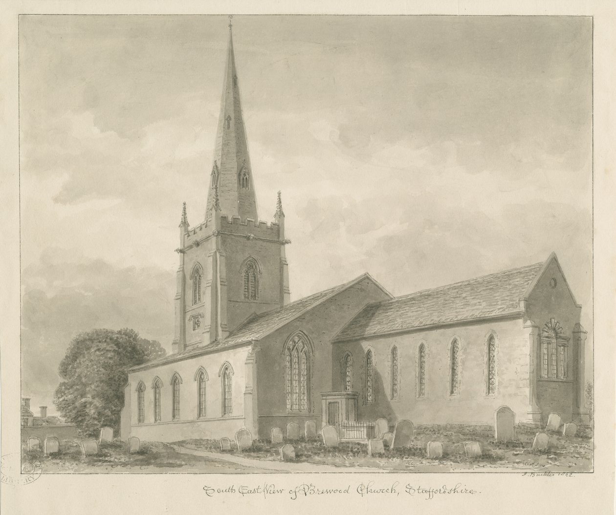 Brewood Church: sepia-tegning av John Buckler
