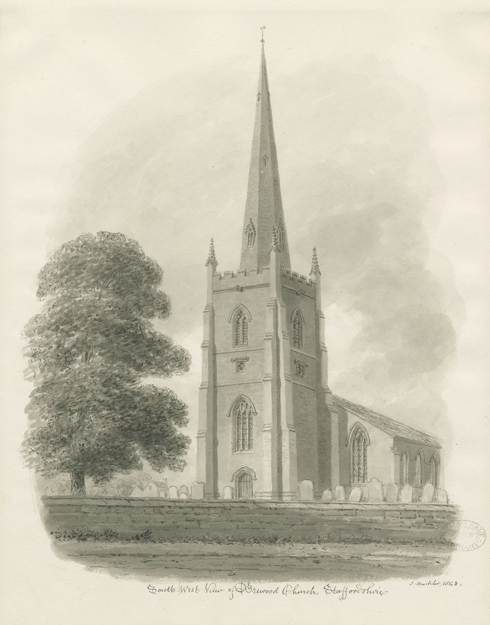 Brewood Church: sepia-tegning, 1843 av John Buckler