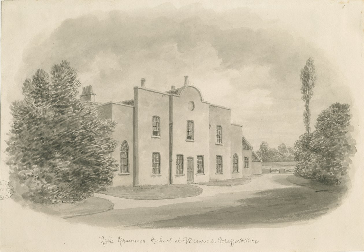 Brewood Grammar School: sepia-tegning, nd [c 1842] (tegning) av John Buckler