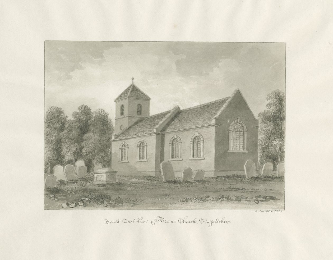 Broom (nå Worcestershire) kirke: sepia-tegning av John Buckler