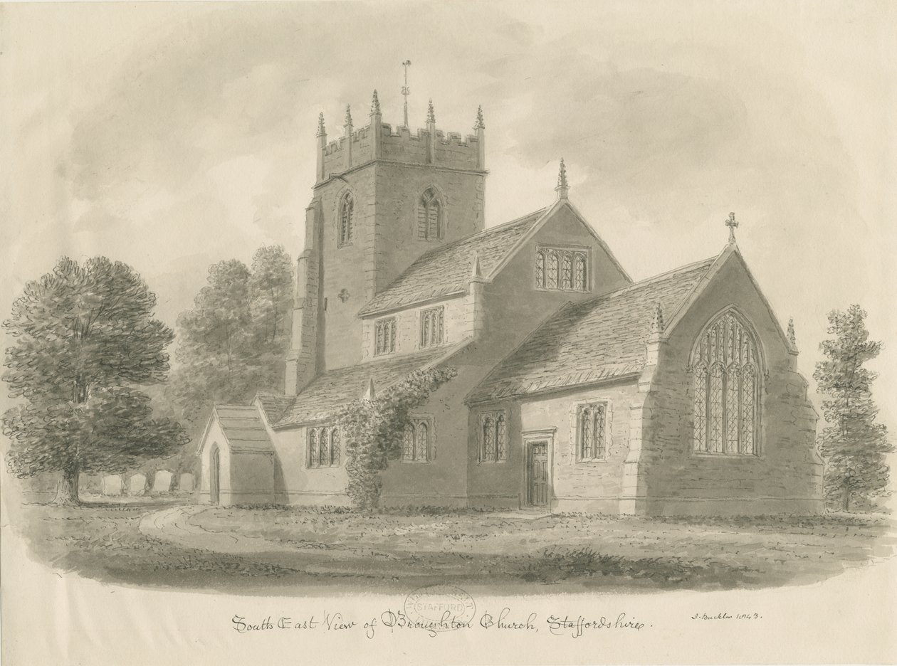 Broughton Church: sepia-tegning, 1843 av John Buckler