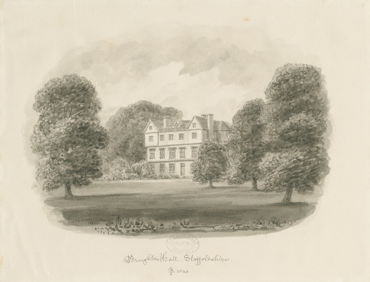 Broughton Hall: sepia-tegning av John Buckler