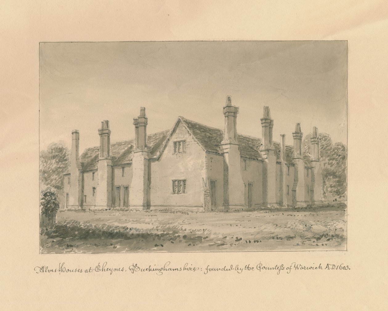 Buckinghamshire - Chenies Hall - Alms Houses: sepia-tegning, 1824 av John Buckler
