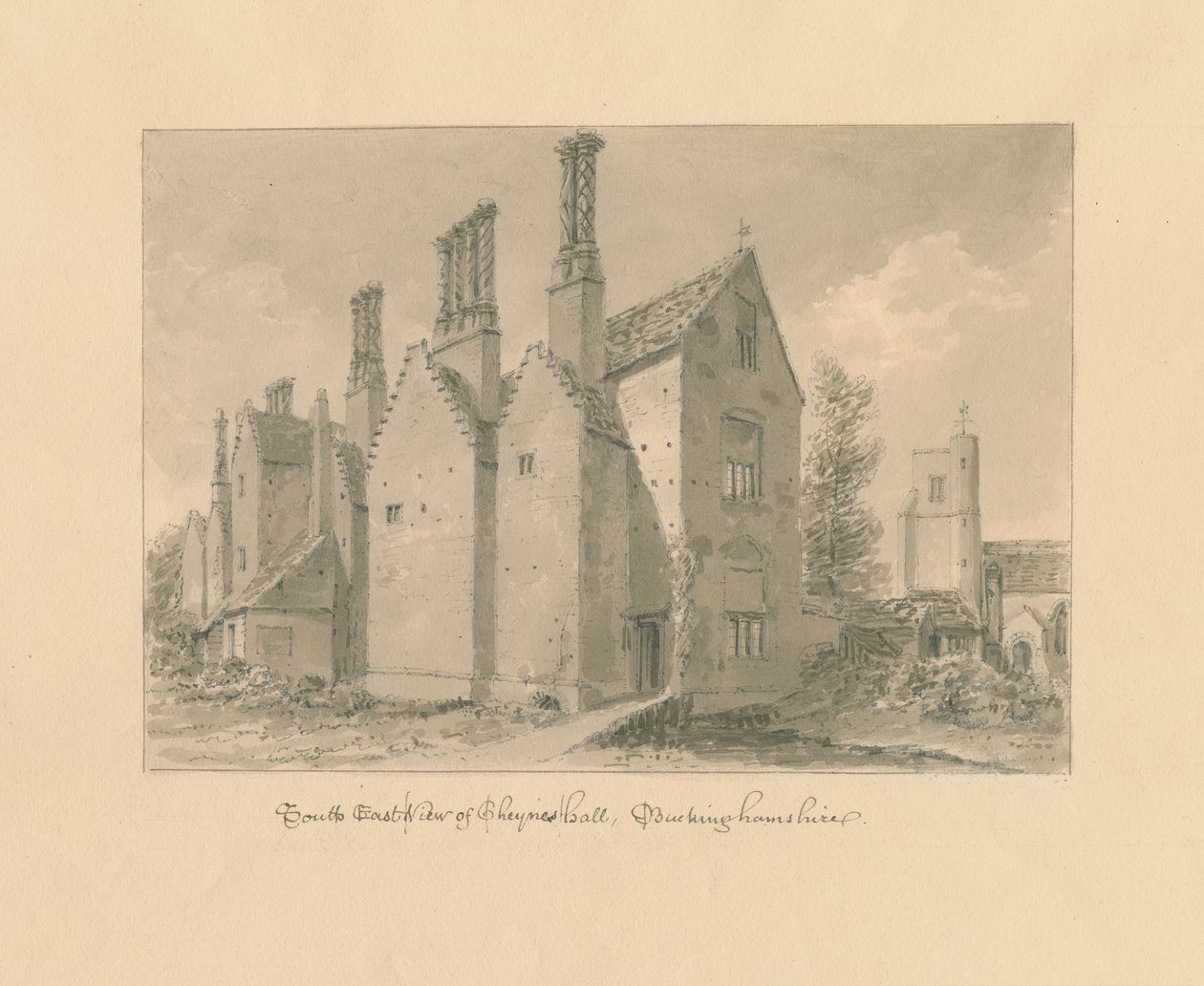 Buckinghamshire - Chenies Hall: sepia-tegning av John Buckler