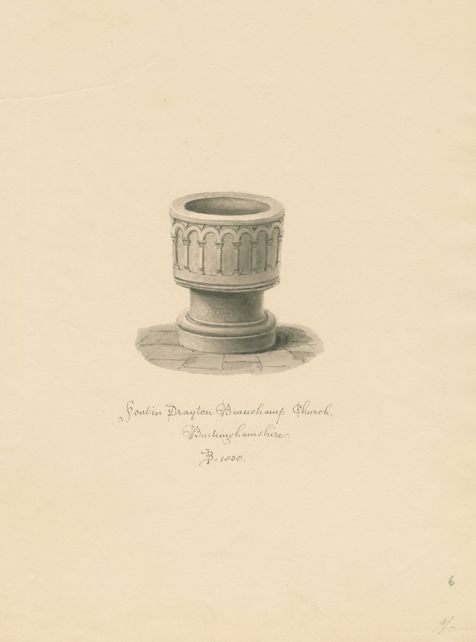 Buckinghamshire - Drayton Beauchamp Church: sepia-tegning, 1838 av John Buckler
