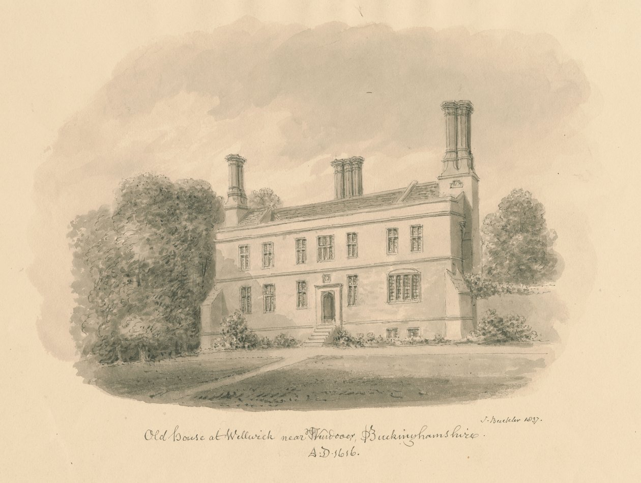 Buckinghamshire - Wellwick - Old House: sepia-tegning vignettert, 1837 av John Buckler