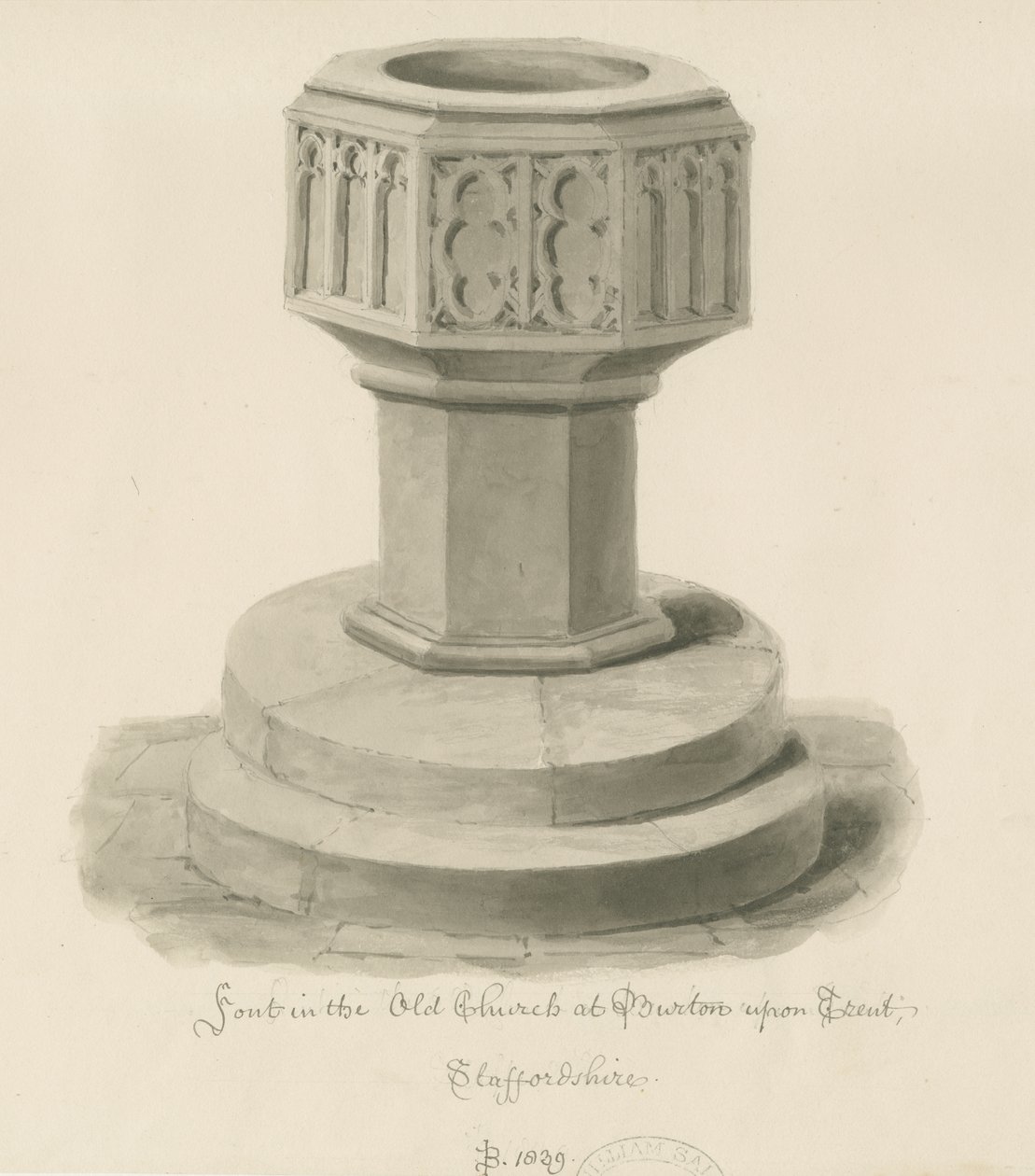 Burton-upon-Trent - Font i den gamle kirken: sepia-tegning av John Buckler