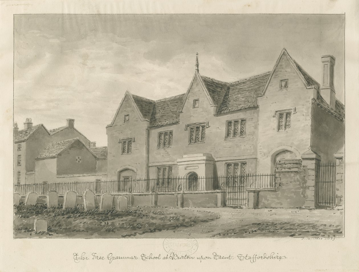 Burton-upon-Trent - Grammar School: sepia-tegning av John Buckler