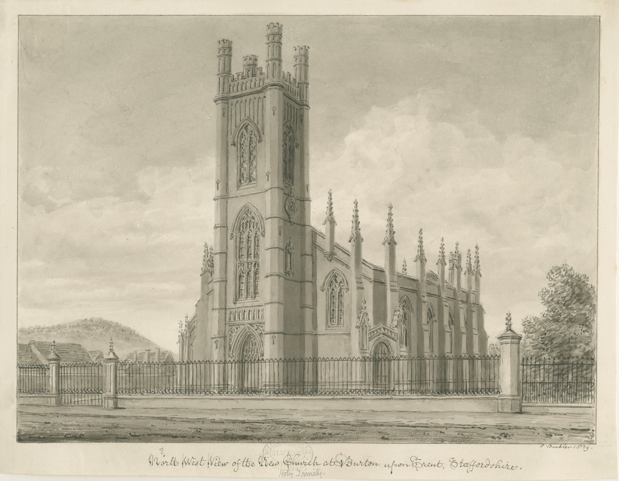 Burton-upon-Trent - Holy Trinity Church: sepia-tegning, 1839 av John Buckler
