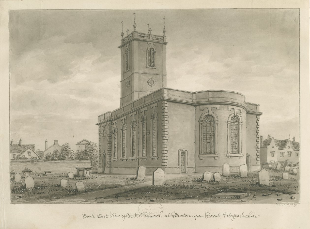 Burton-upon-Trent - Old Church: sepia-tegning av John Buckler
