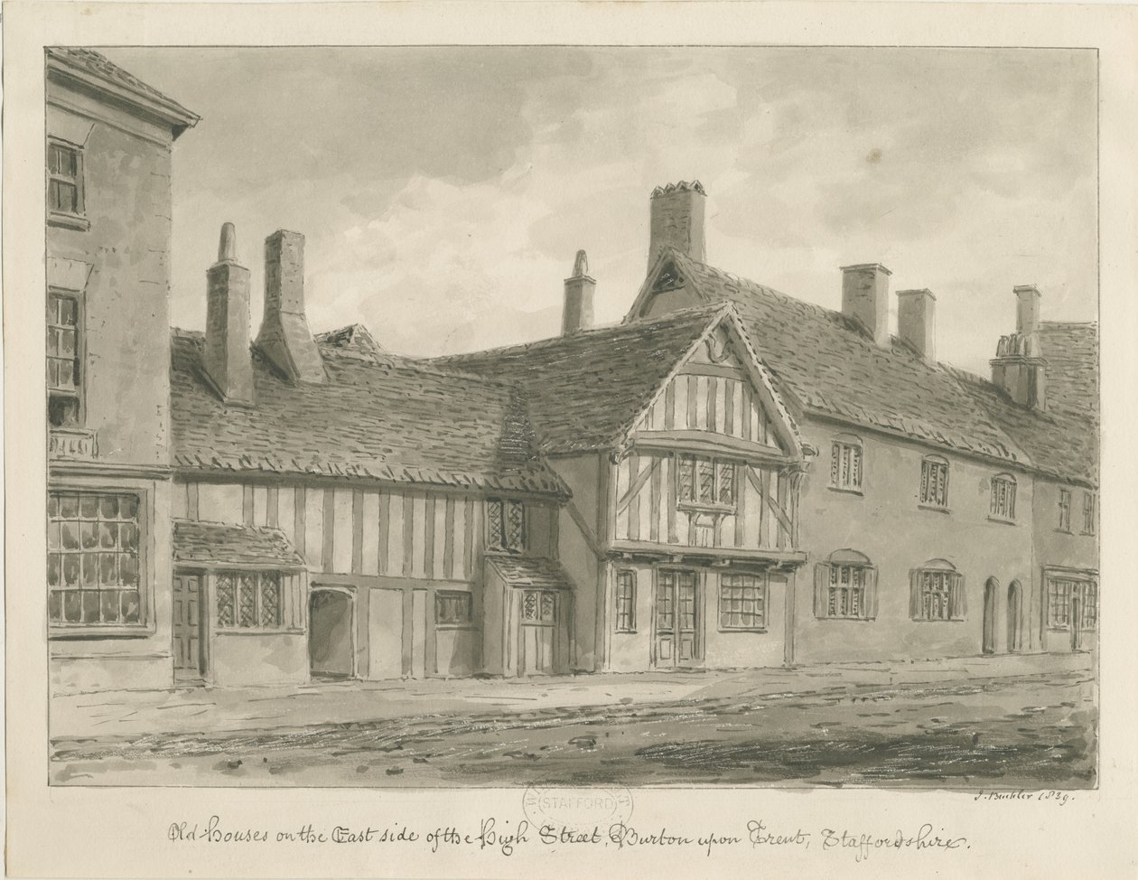 Burton-upon-Trent - Old Houses on High Street: sepia-tegning av John Buckler