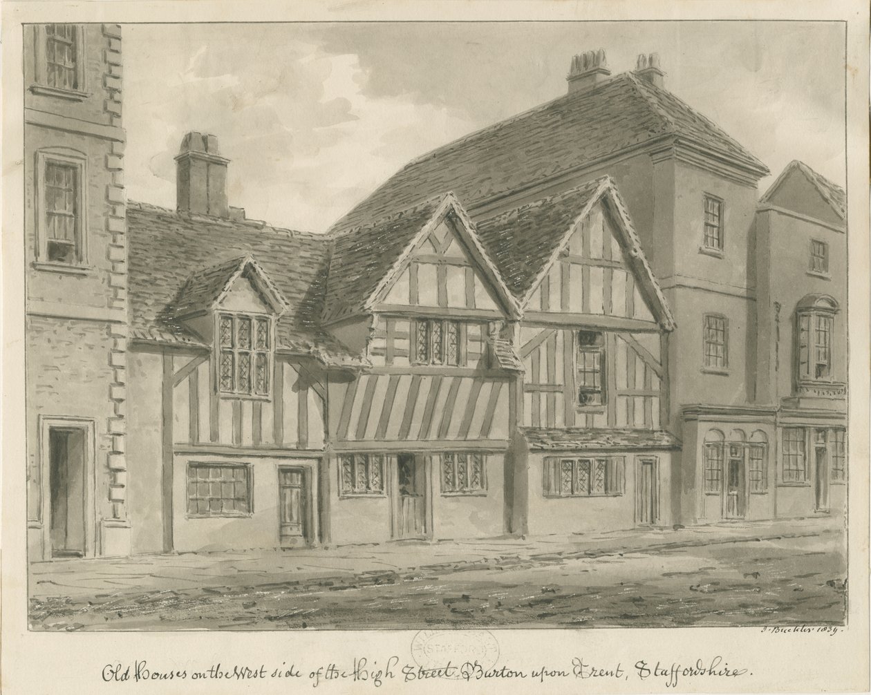 Burton-upon-Trent - Old Houses on High Street: sepia-tegning, 1839 av John Buckler