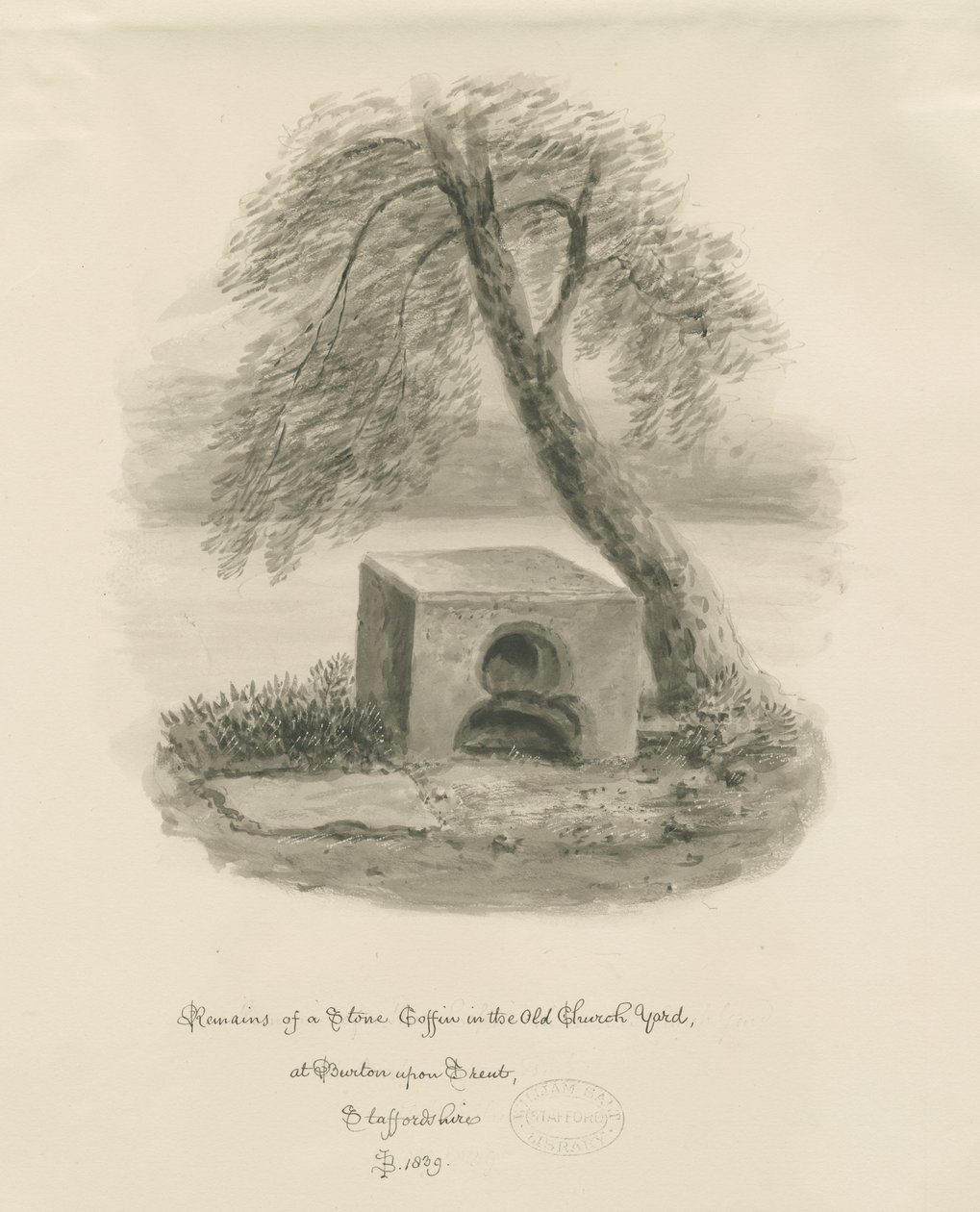 Burton-upon-Trent - Steinkiste i Old Churchyard: sepia-tegning av John Buckler