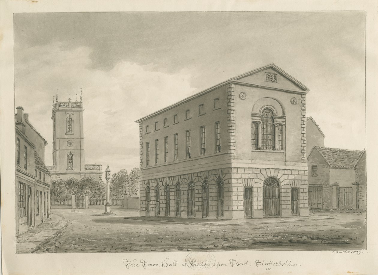 Burton-upon-Trent - Rådhuset: sepia-tegning av John Buckler