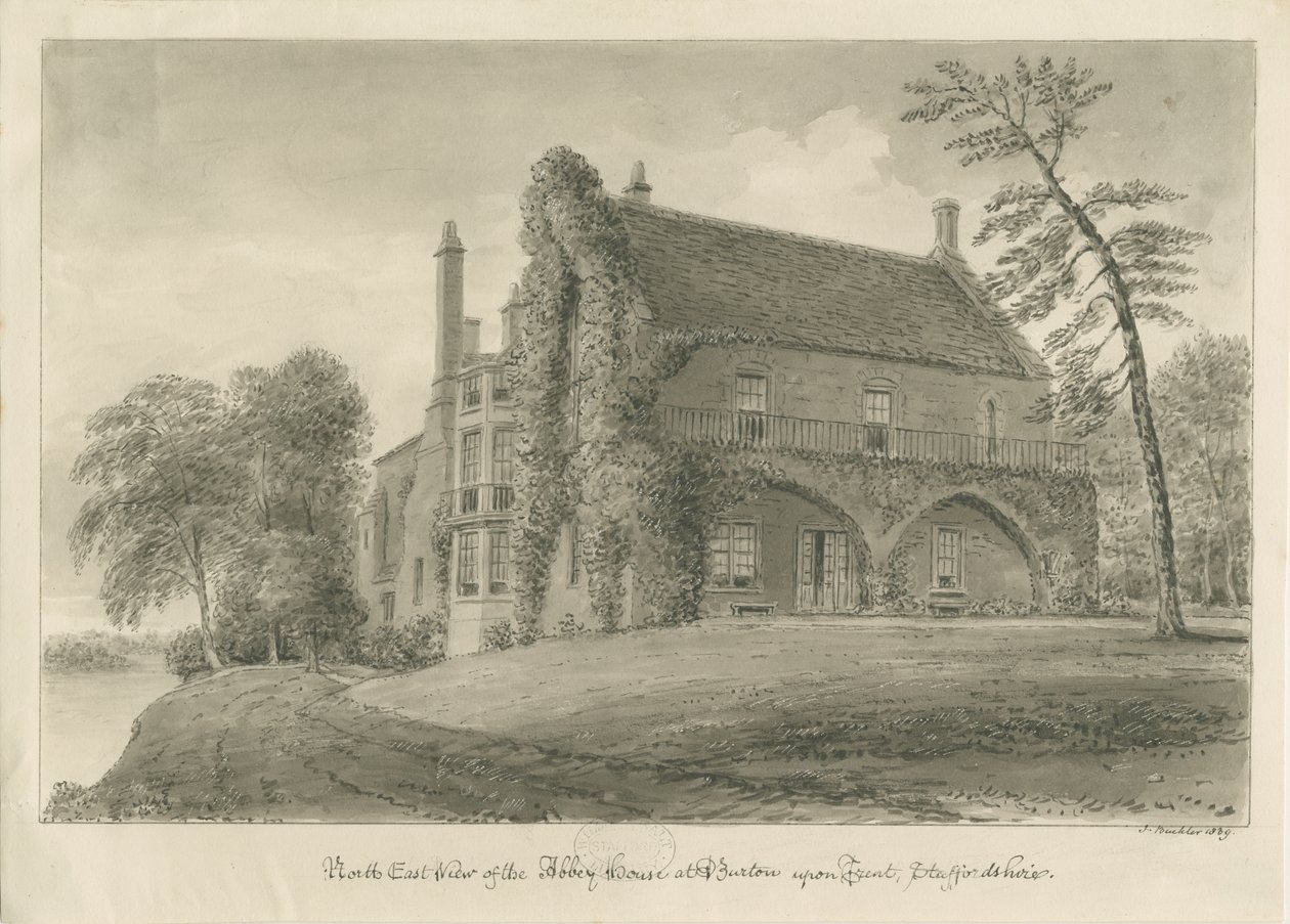 Burton-upon-Trent Abbey: sepia-tegning av John Buckler