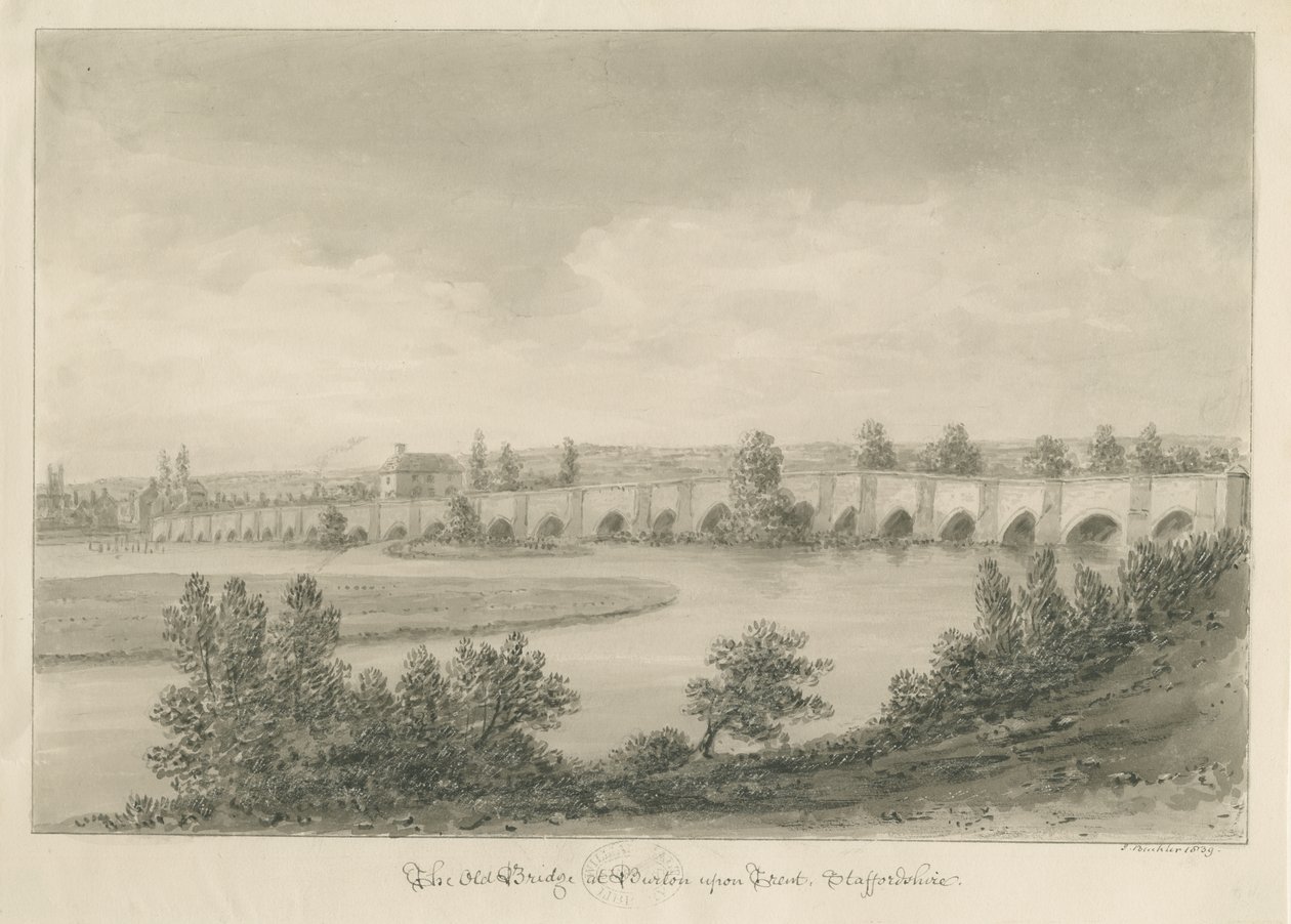Burton-upon-Trent Bridge and Town: sepia-tegning av John Buckler