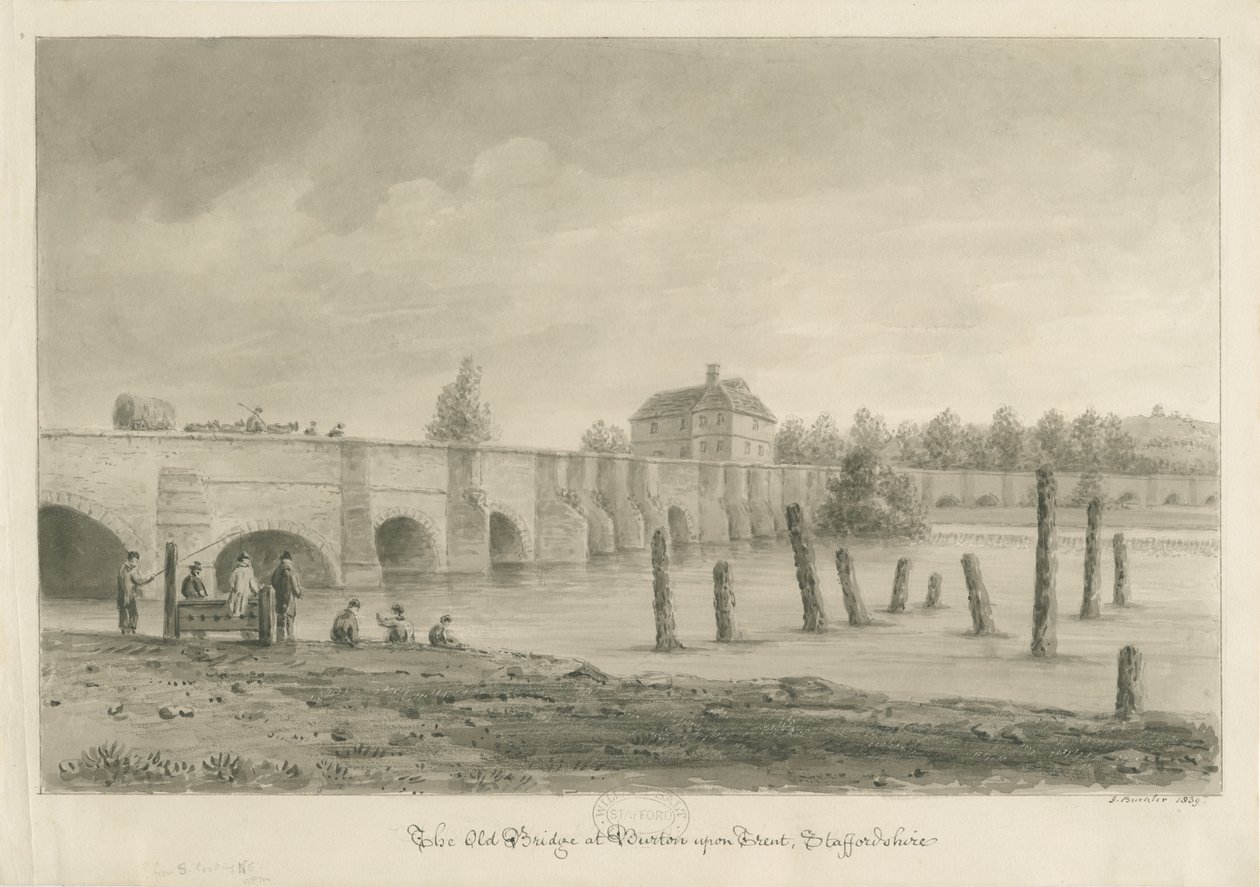 Burton-upon-Trent Bridge and Town: sepia-tegning, 1839 av John Buckler