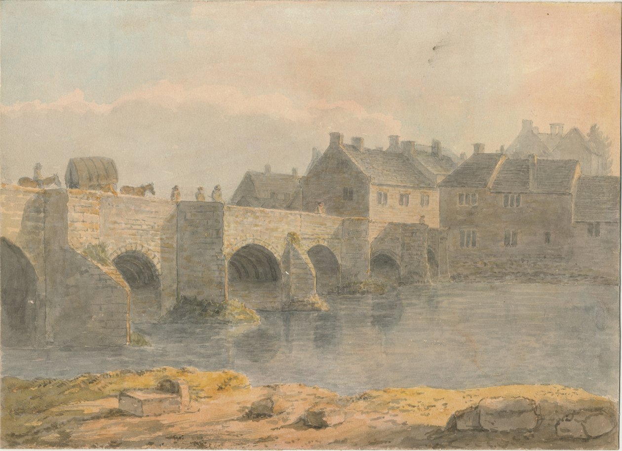 Burton-upon-Trent Bridge and Town: vannfargemaleri, og [?1700-tallet] av John Buckler