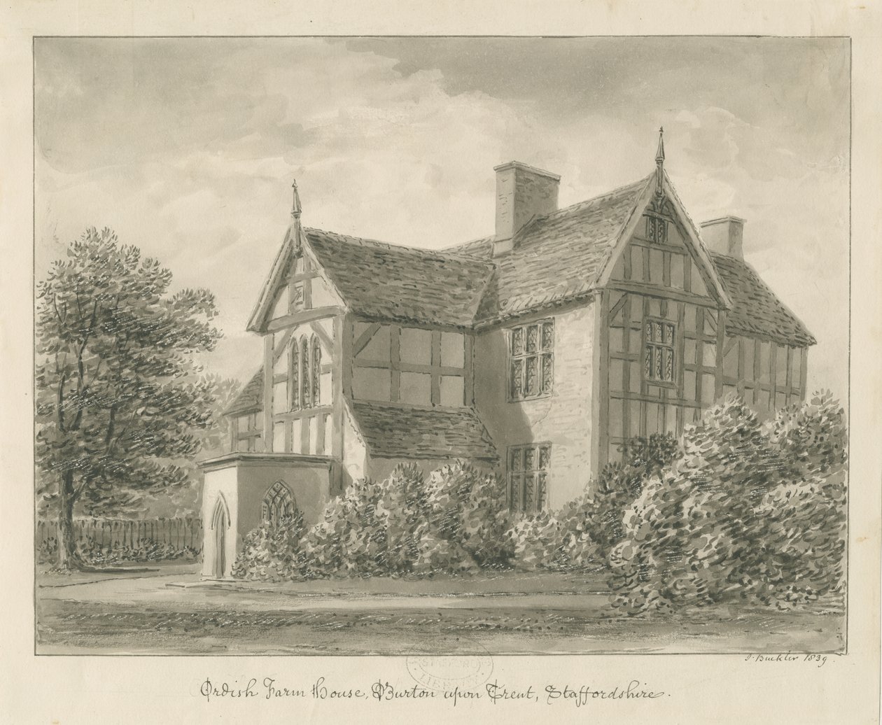 Burton-upon-Trent: Ordish Farm House: sepia-tegning, 1839 av John Buckler