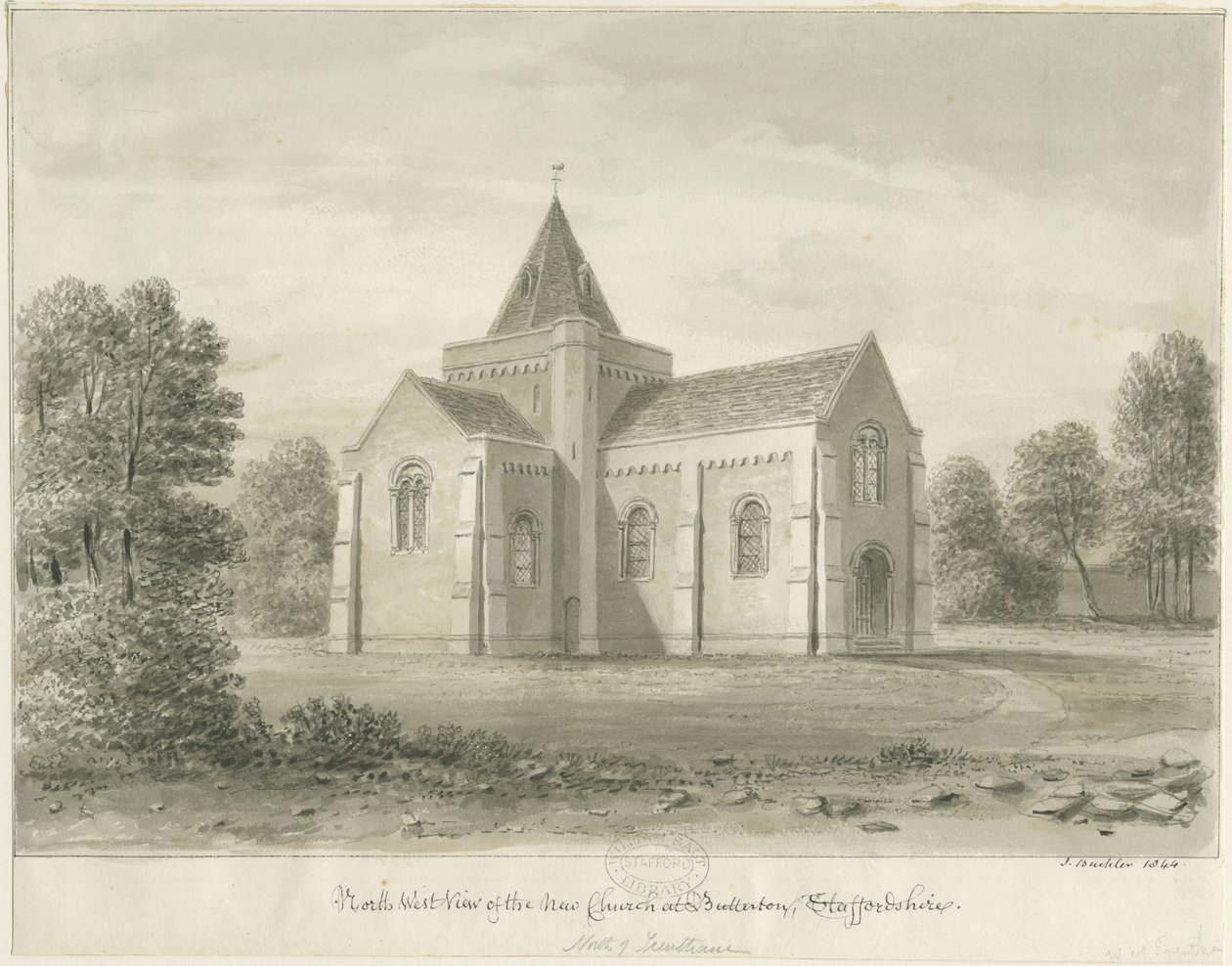 Butterton - St. Thomas"-kirken: sepia-tegning, 1844 av John Buckler