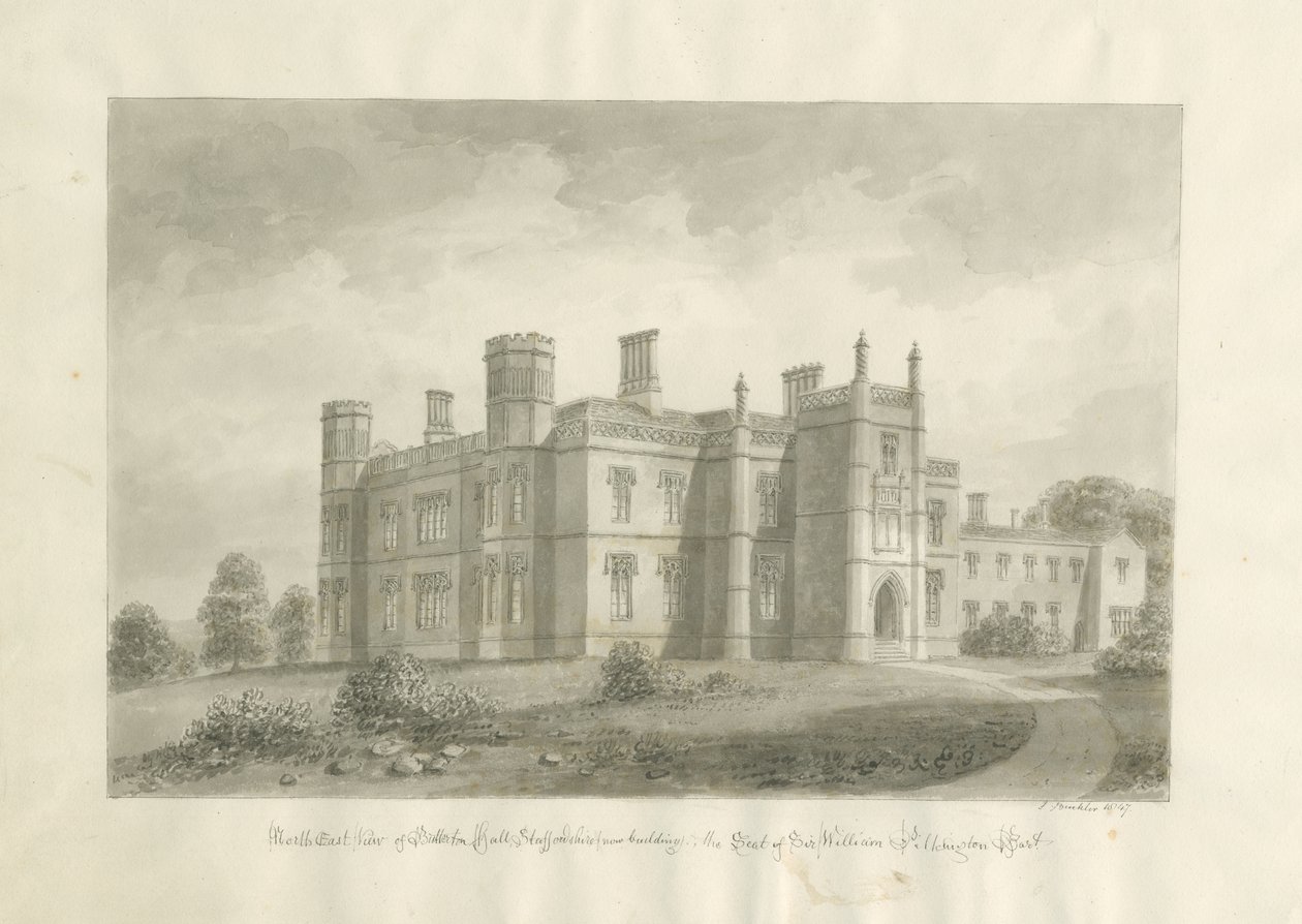 Butterton Hall: sepia-tegning av John Buckler
