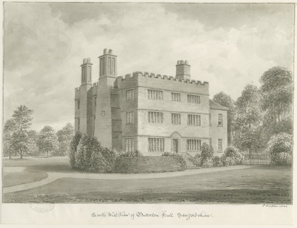 Butterton Hall: sepia-tegning, 1844 av John Buckler
