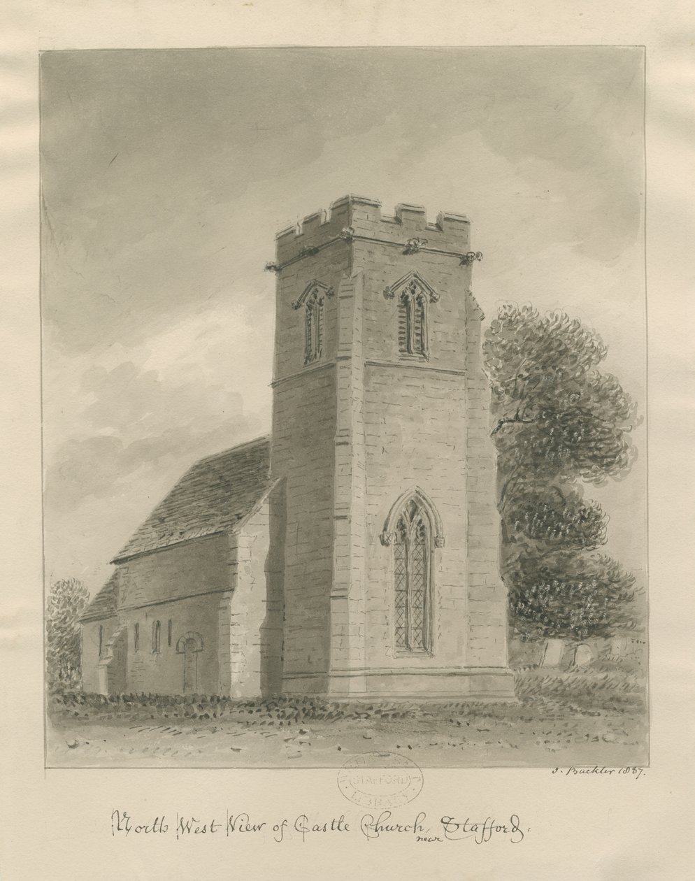 Slottskirken - Kirke: sepia tegning av John Buckler