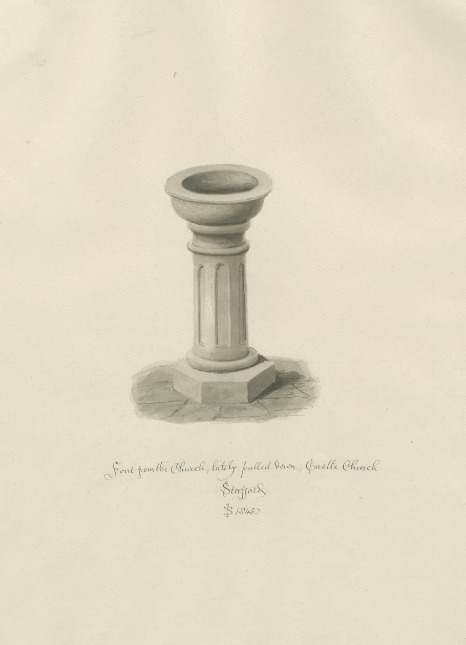 Slottskirken - Font i kirken: sepia-tegning av John Buckler