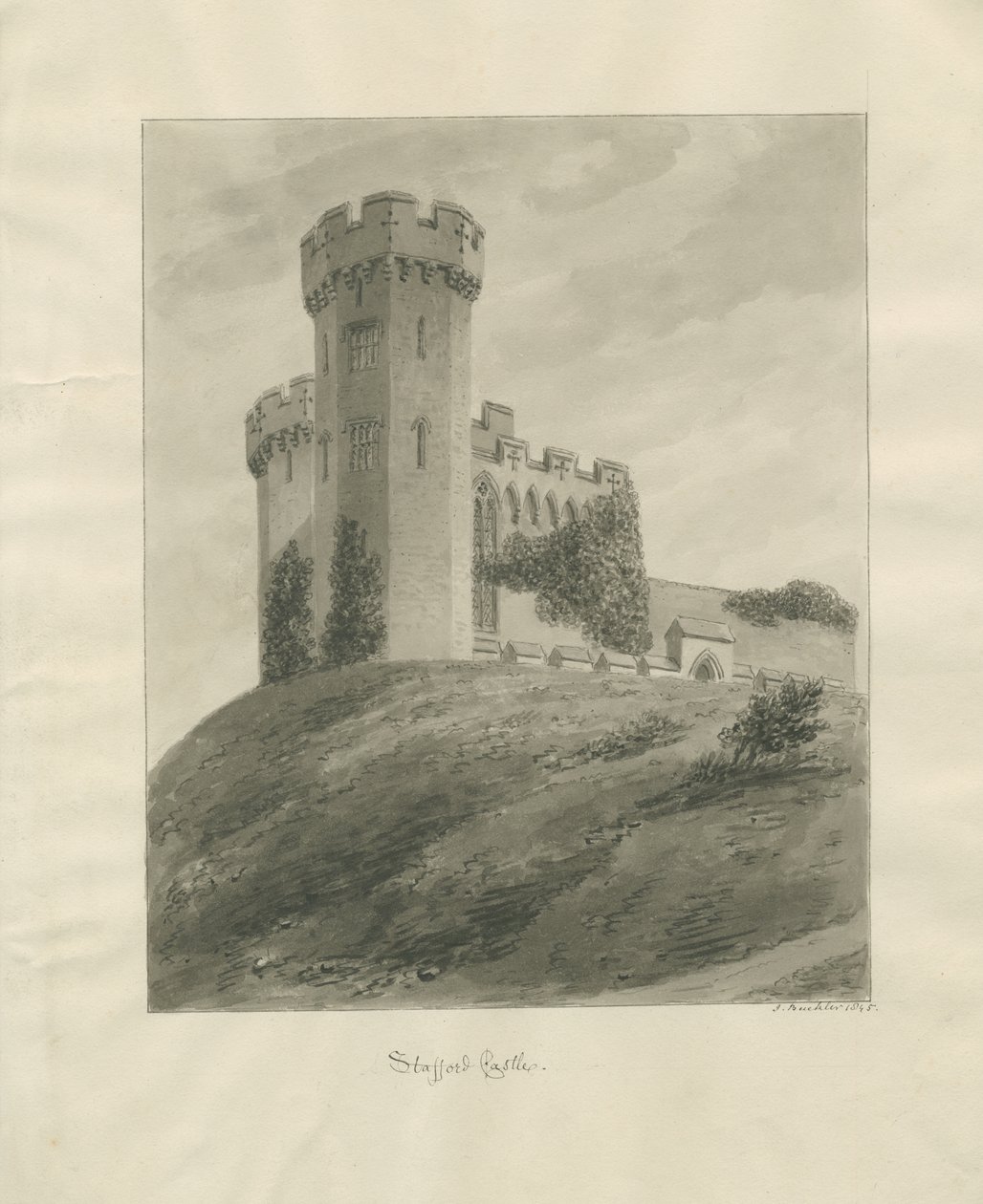 Castle Church - Stafford Castle: sepia-tegning av John Buckler