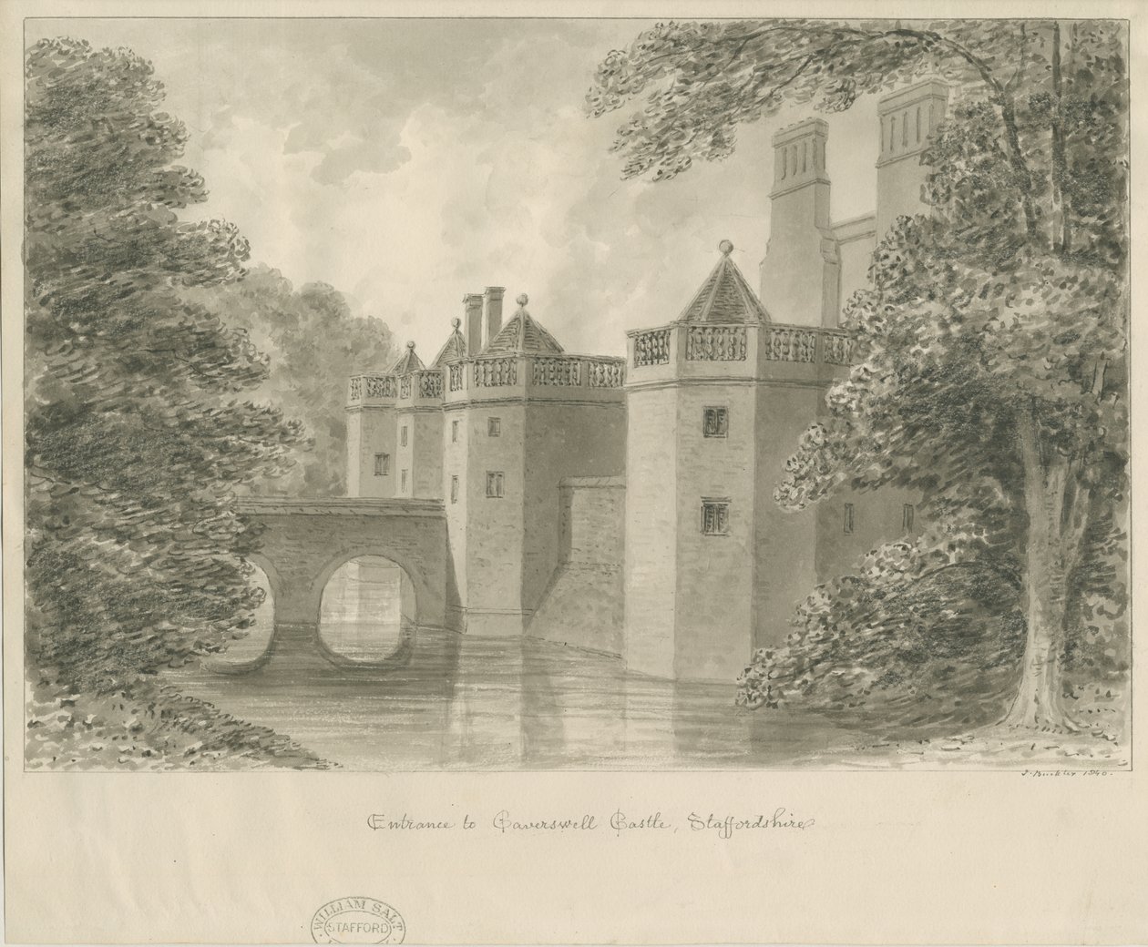 Caverswall Castle: sepia-tegning, 1840 av John Buckler