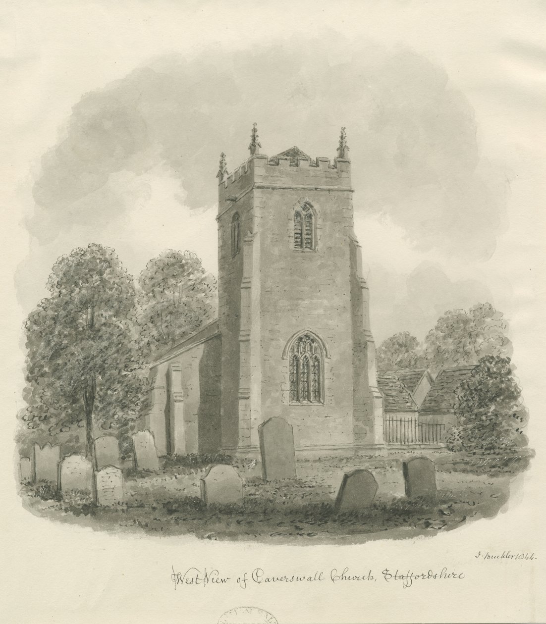 Caverswall kirke: sepia tegning av John Buckler